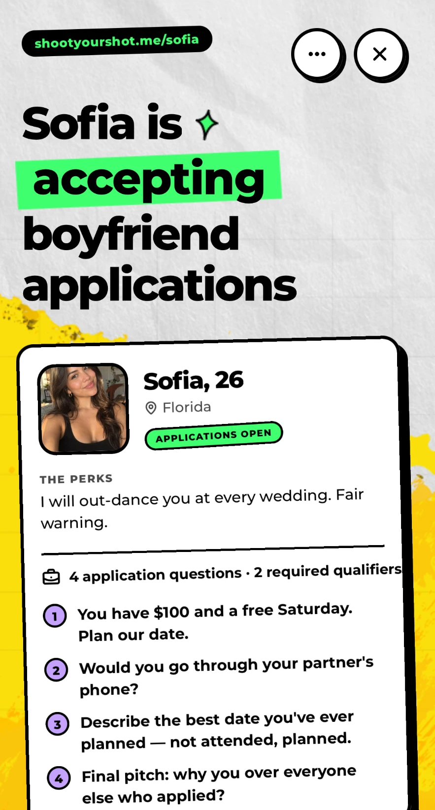 Sofia's shared application page with her questions and shootyourshot.me link
